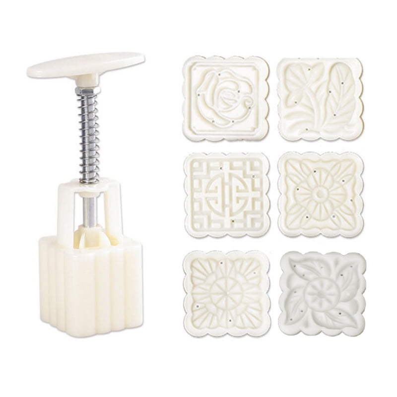 HoHome 1 Barrel 6 Flower Stamps Square Mooncake Biscuit Cookies Baking Mold Mould Cake Decor Pastry Mold Tool with Hand Pressure,50g