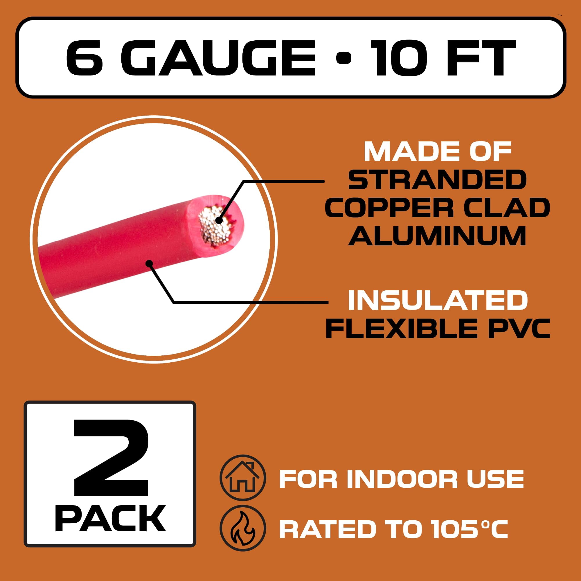 Iron Forge Cable 6 Gauge Wire - 2 Pack 10ft Copper Clad Aluminum Primary Cable 6 AWG Heavy Duty with Wire Lug Terminal Connectors and Heat Shrink Tube