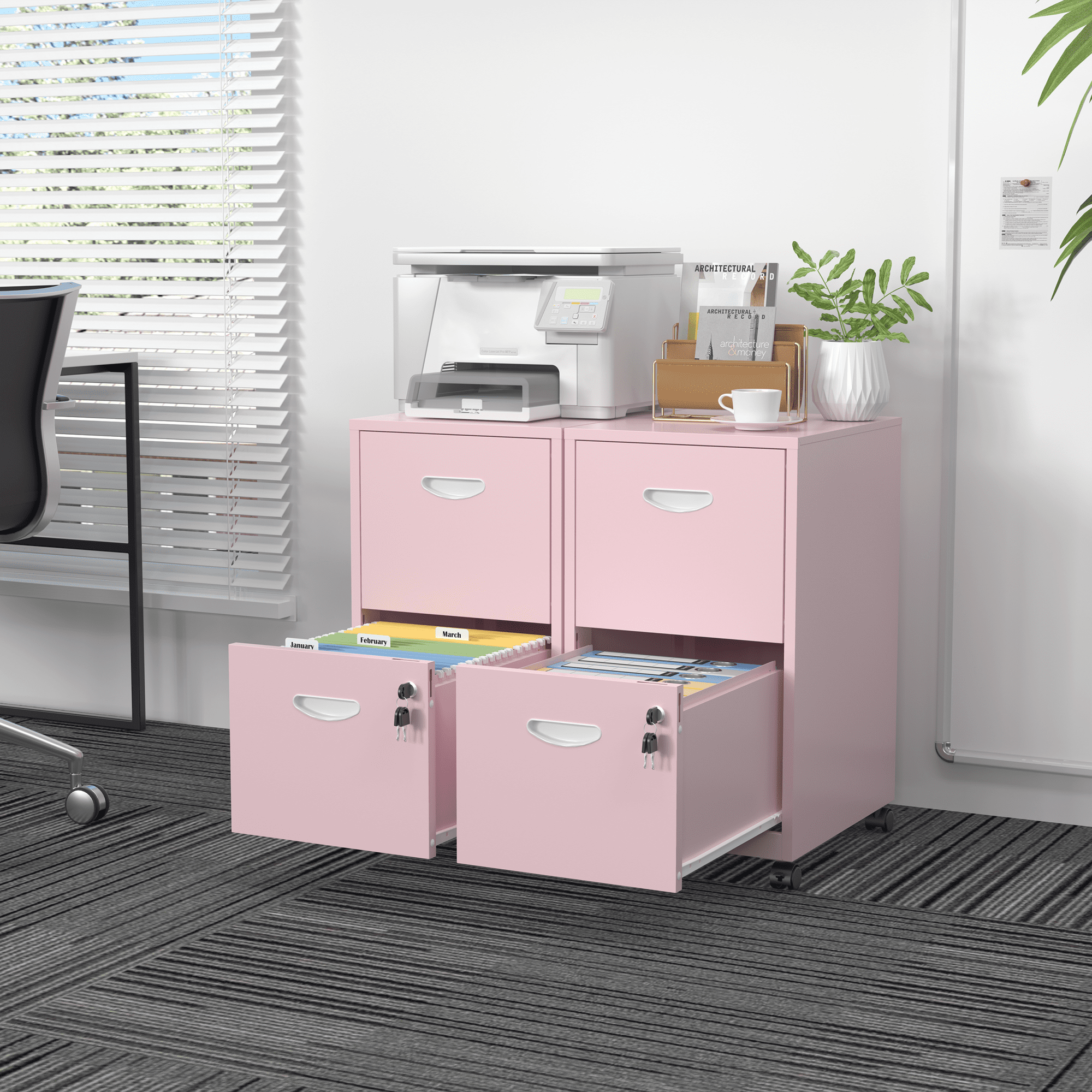 SteeLoong File Cabinet on Whells,Freestanding Storage Organizer,Pink Metal 2-Drawer,Letter Size,Easy Assemble