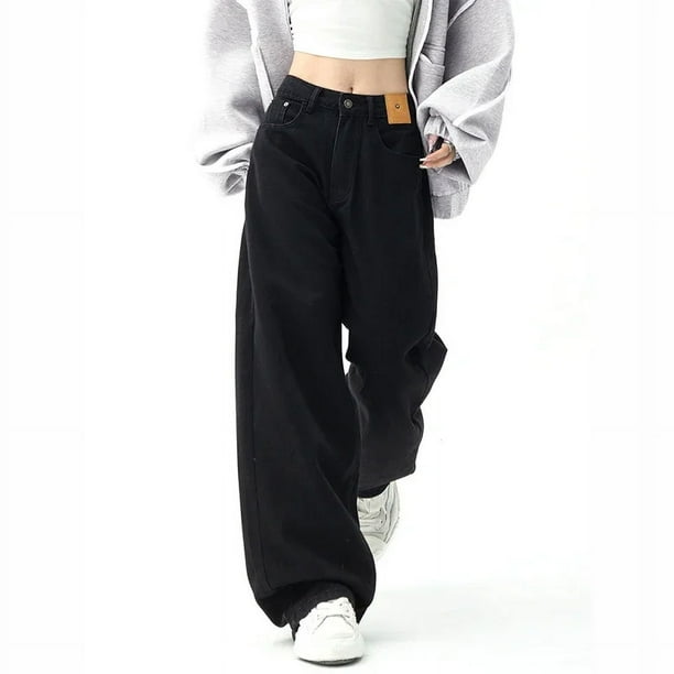 Pantalones vaqueros rectos holgados negros para mujer, ropa de calle de moda coreana, pantalones vaqueros de pierna ancha de cintura alta, pantalones vaqueros sueltos para mujer, pantalones Y2K