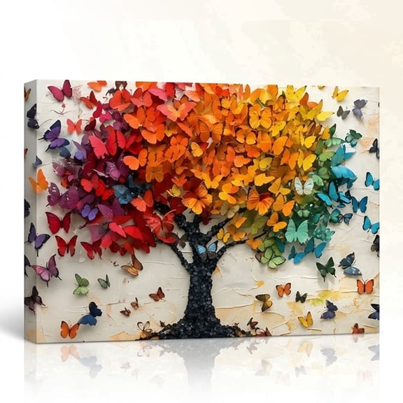 PORMIPONE Butterfly Tree Wall Art, 16x24in Gallery Wrapped Canvas, Colorful Butterfly Painting, Textured Nature Wall Decor for Living Room Bedroom