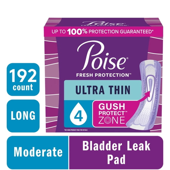 Poise Ultra Thin Incontinence Pads, 4 Drop Moderate Absorbency, Long Length, 192 Count