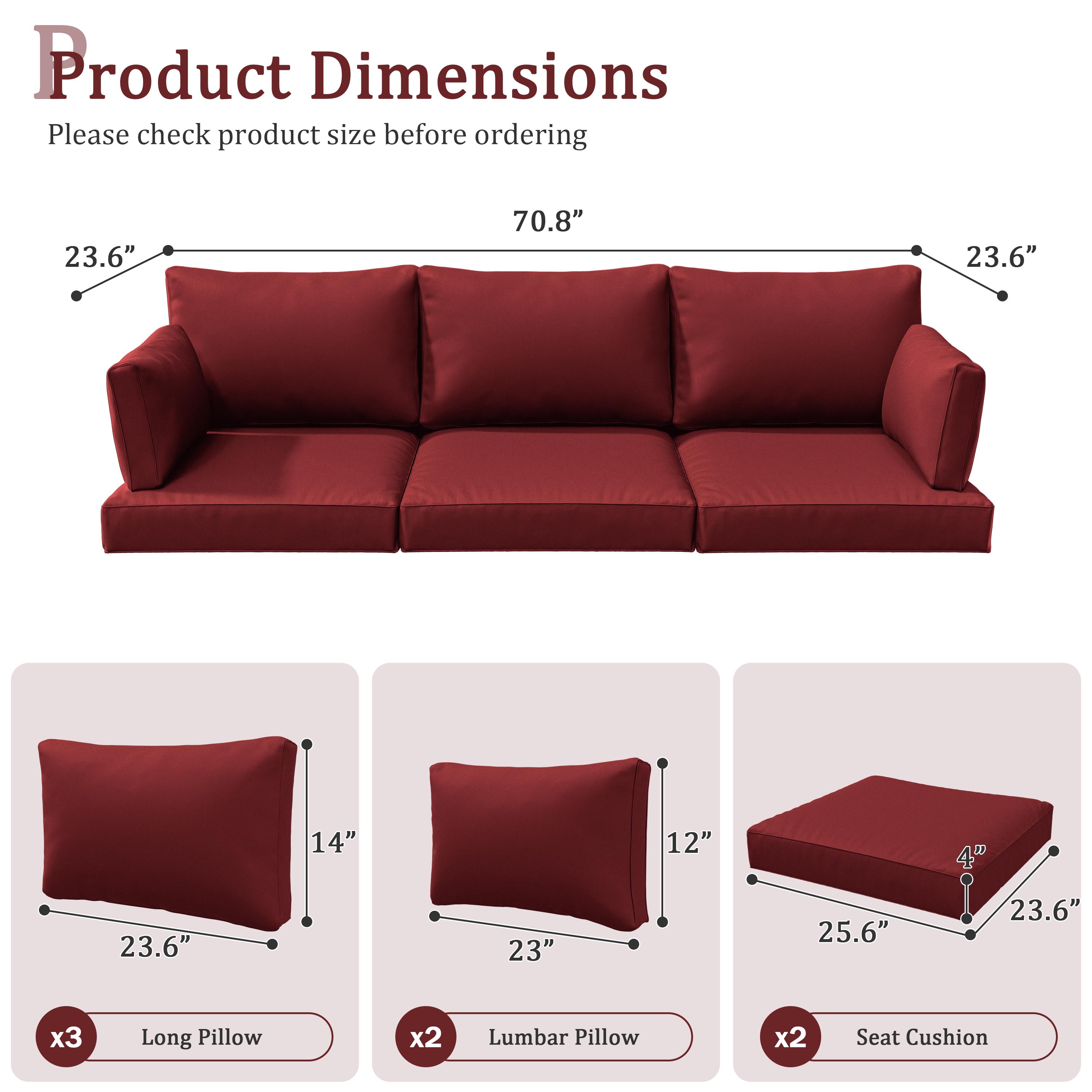 Snubbull 8-piece Patio Furniture Cushions, Replacement Outdoor Cushions for 3-Seat Sectional Sofa, Waterproof & Zipped, 25.6"*23.6"*4", Burgundy