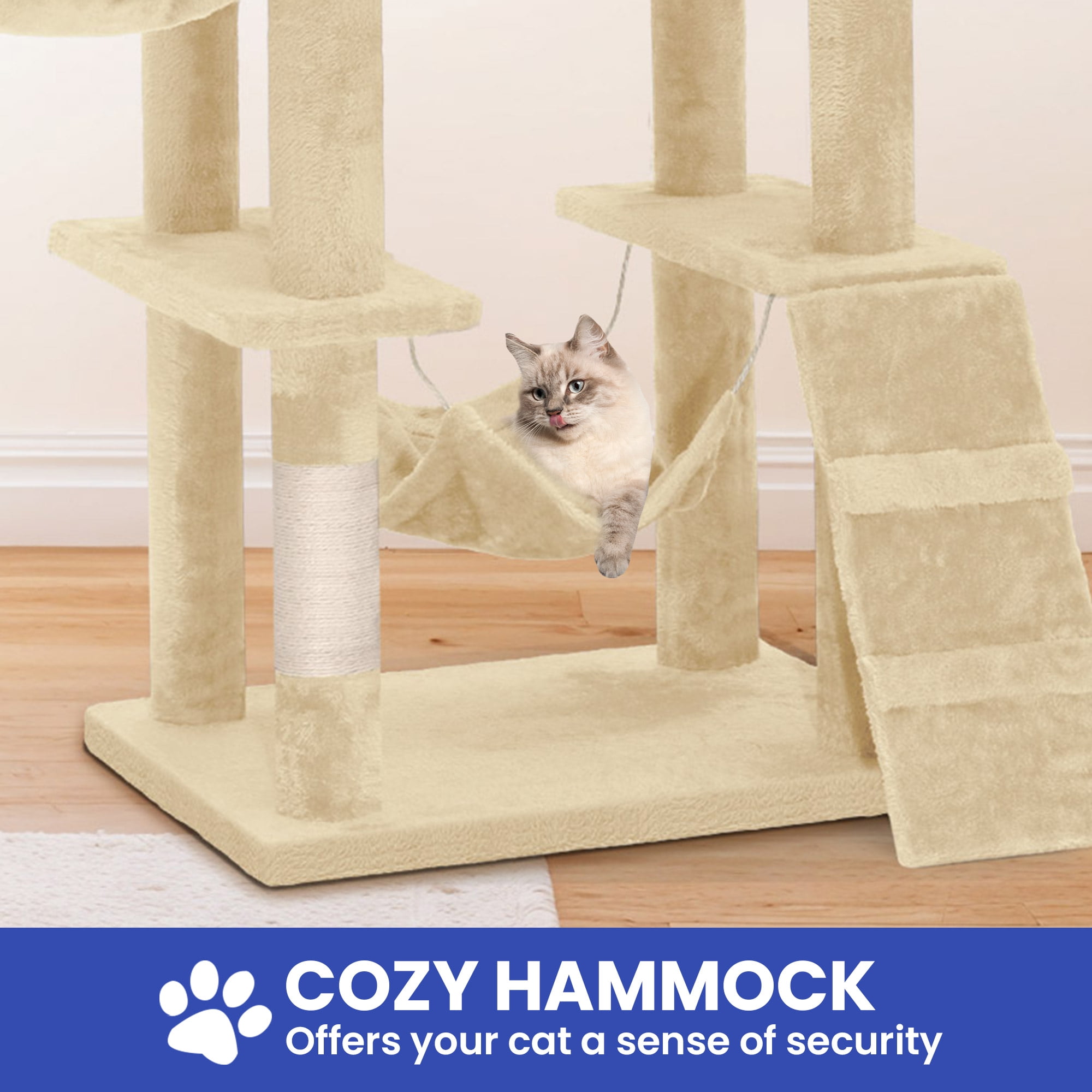 Uforic 75"Cat Tree Tower for Large Cats,Multi Level Play Tower Condo  with Scratching Posts&Hammock, Beige