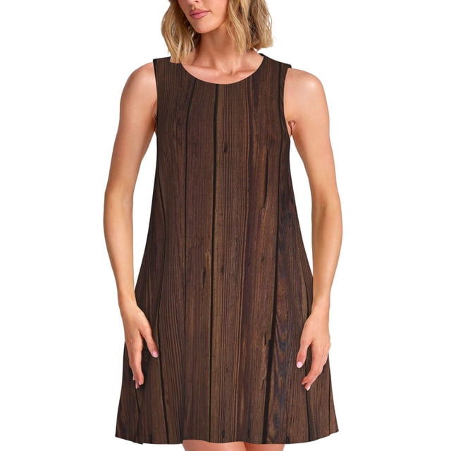 Fotbe Vintage Wood Vestido de Verano sin Mangas para Mujer – Vestido Midi Línea A, Estilo Camiseta Floral, Vestido Playero Casual y Fluido