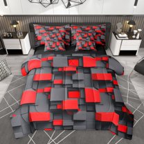 Homewish Modern Art Square Twin Bedding Sets 7-Piece, Stereoscopic Rectangle Bedding Comforter Set, Black Red Abstract Reversible Sheet Sets, Breathable Home Decor