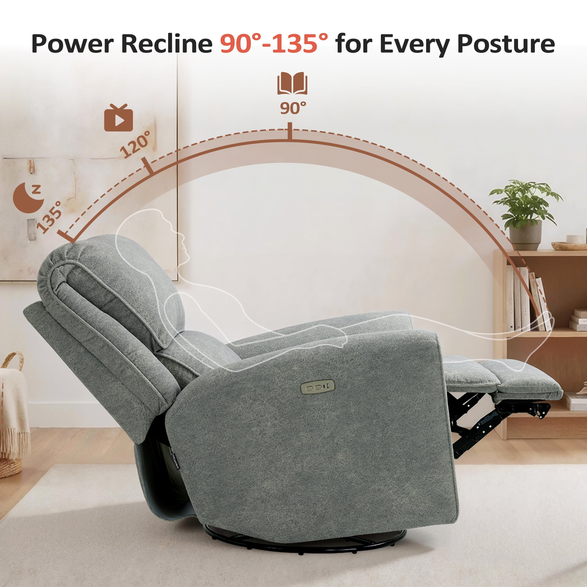 MCombo 400lbs Oversized Swivel Rocker Power Recliner Chair for Big and Tall People, Fabric, Light Grey