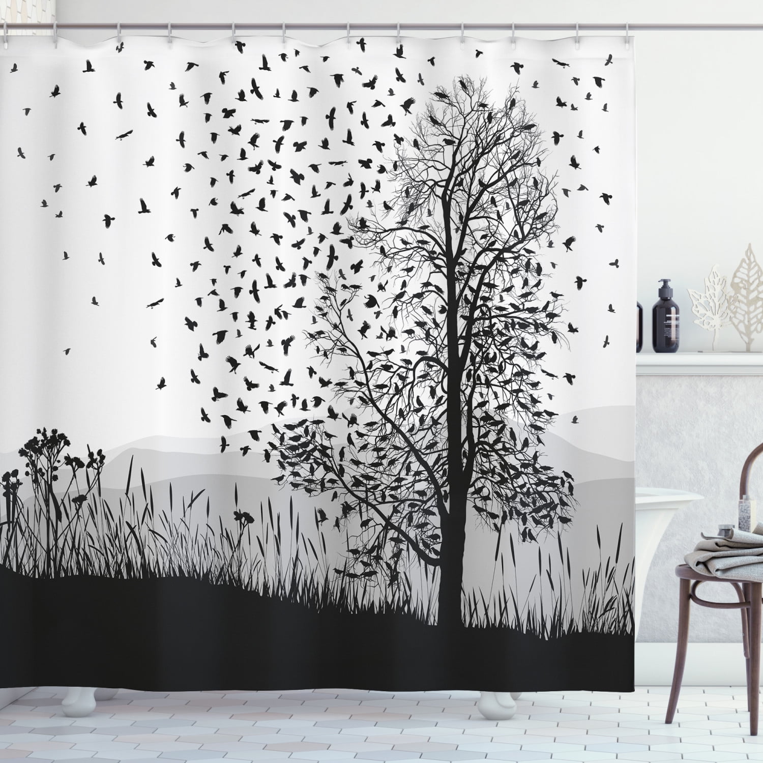 Black Crow Shower Curtain, Silhouette of Murder of Crows Flying from