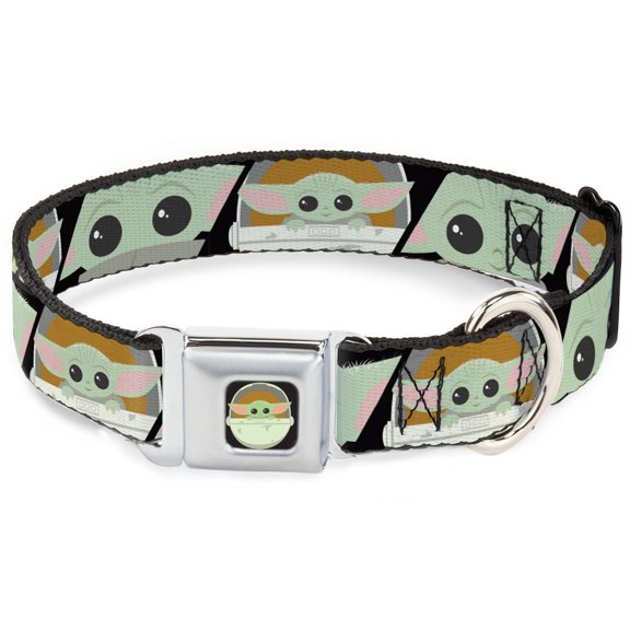 Star Wars Pet Collar, Dog Collar Metal Seatbelt Buckle, Star Wars The Child Chibi Face Blocks Black, 9.5 to 13 Inches 1.0 Inch Wide