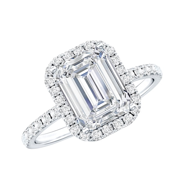 Rosec Jewels Certified Moissanite Emerald Cut Engagement Ring with Halo - 2 Carat Moissanite Ring - 7X9 mm, D-VS1 Quality, 925 Sterling Silver, US 4.00