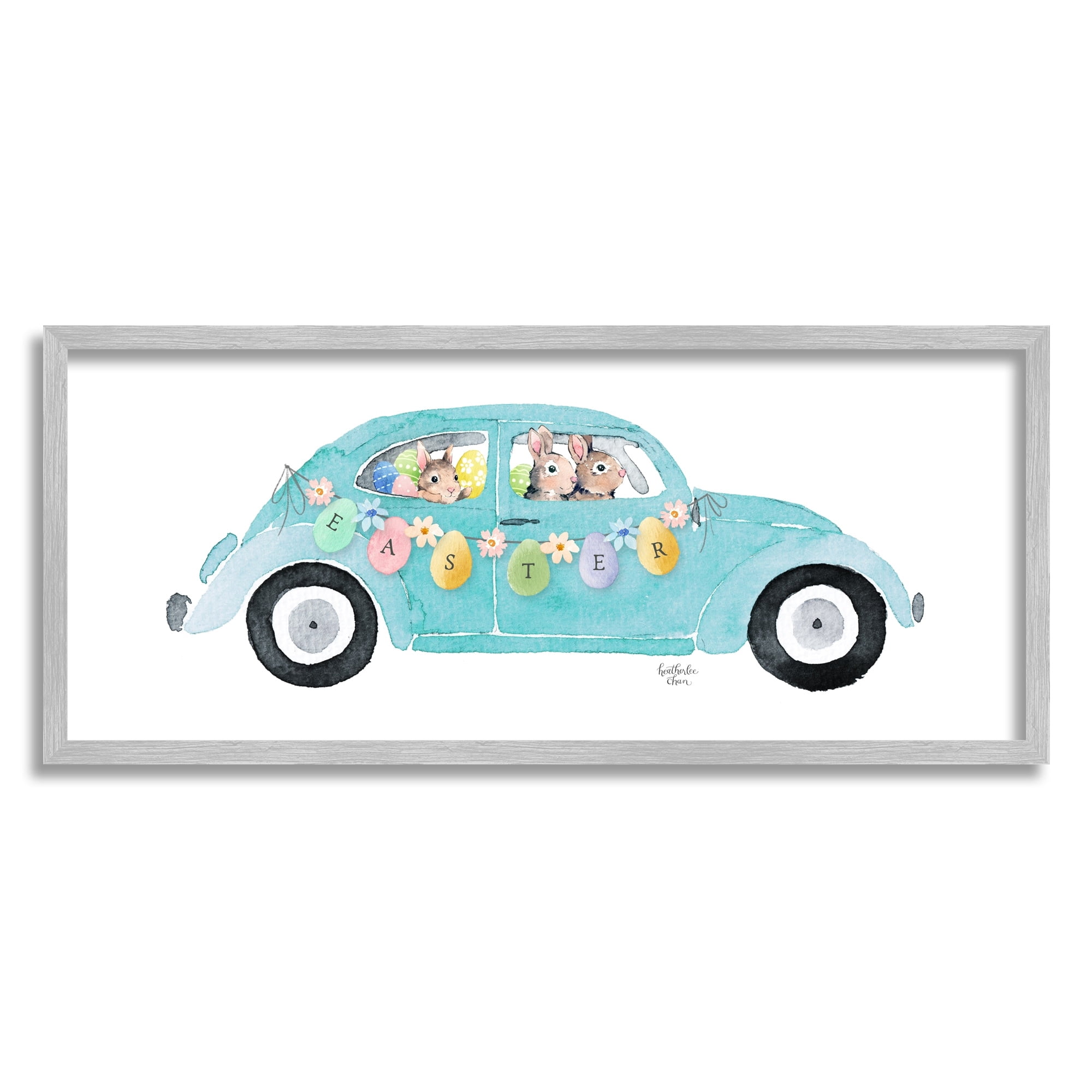 Stupell Industries Decorated Easter Car Bunnies Floral Pattern Banner Painting Gray Framed Art Print Wall Art, Design by Heatherlee Chan