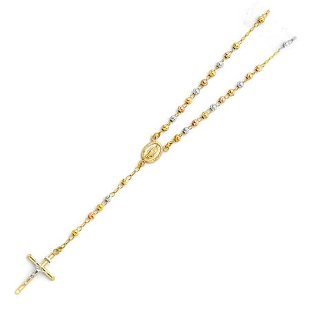 14K Tri Colored Tone Gold Polished Ball Diamond Cut Beaded Links 4mm Rosary Necklace Religious Cross Crucifix 20