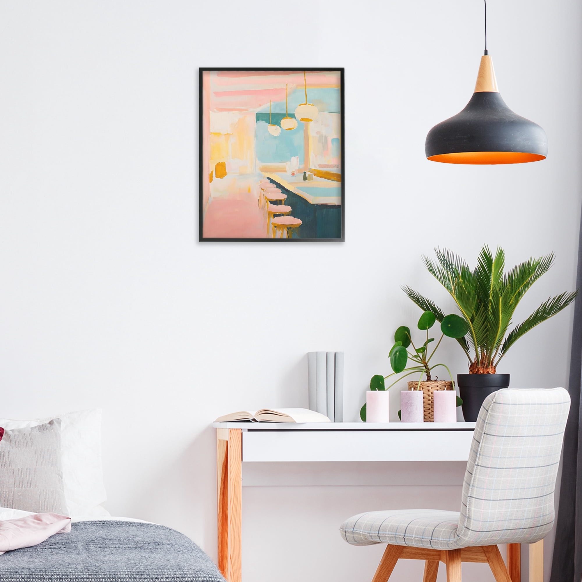 Stupell Industries Pastel Pink Bar Stools Black Framed Giclee Art, design by The Prints Vibe