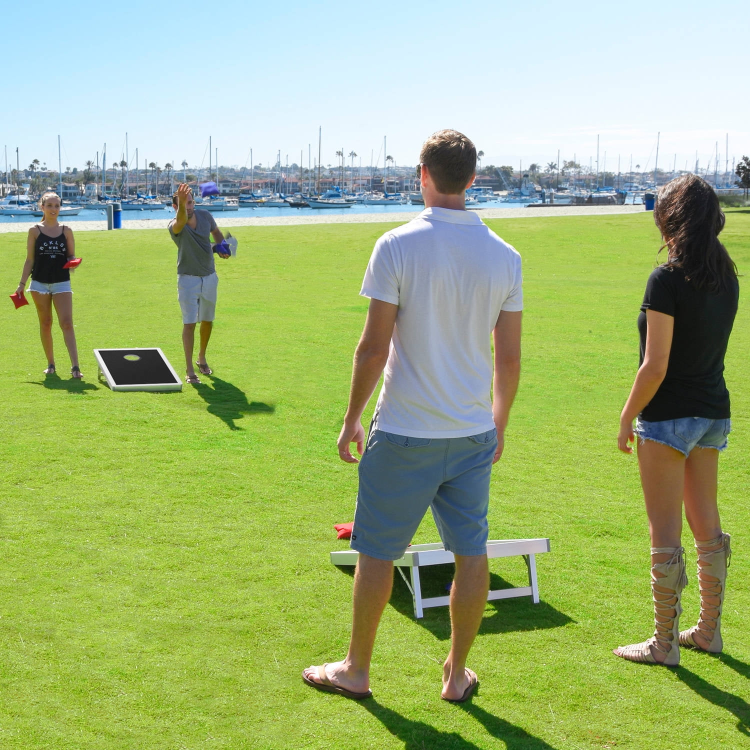 GoSports Foldable Cornhole Boards Bean Bag Toss Game Set, Superior Aluminum Frame, Black Design w/ 8 Bean Bags and Portable Carrying Case