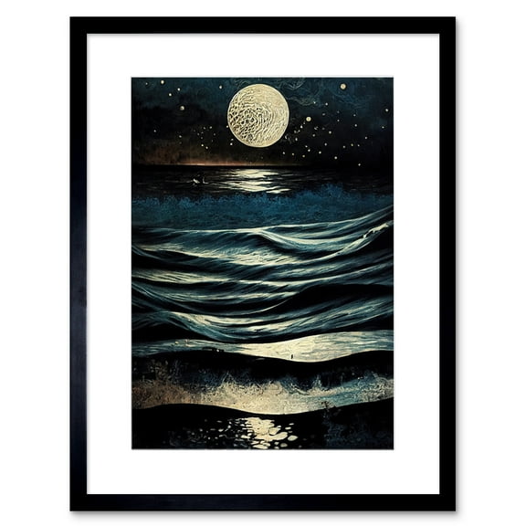 Full Moon Rising Over Clear Night Sky Tidal Waves Artwork Framed Wall Art Print 9X7 Inch