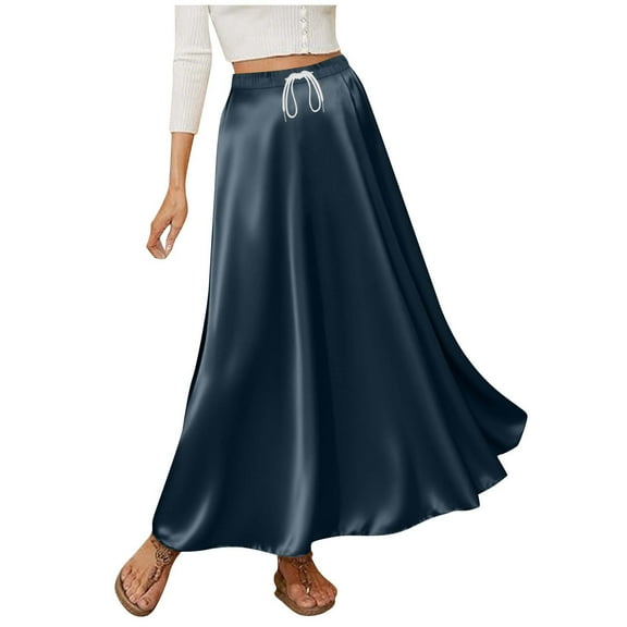 Levmjia Women Midi Skirt High Waist Solid Color Elastic Waist Drawstring Satin A Line Solid Color Casual Flowy Skirt For Spring Autumn Vacation