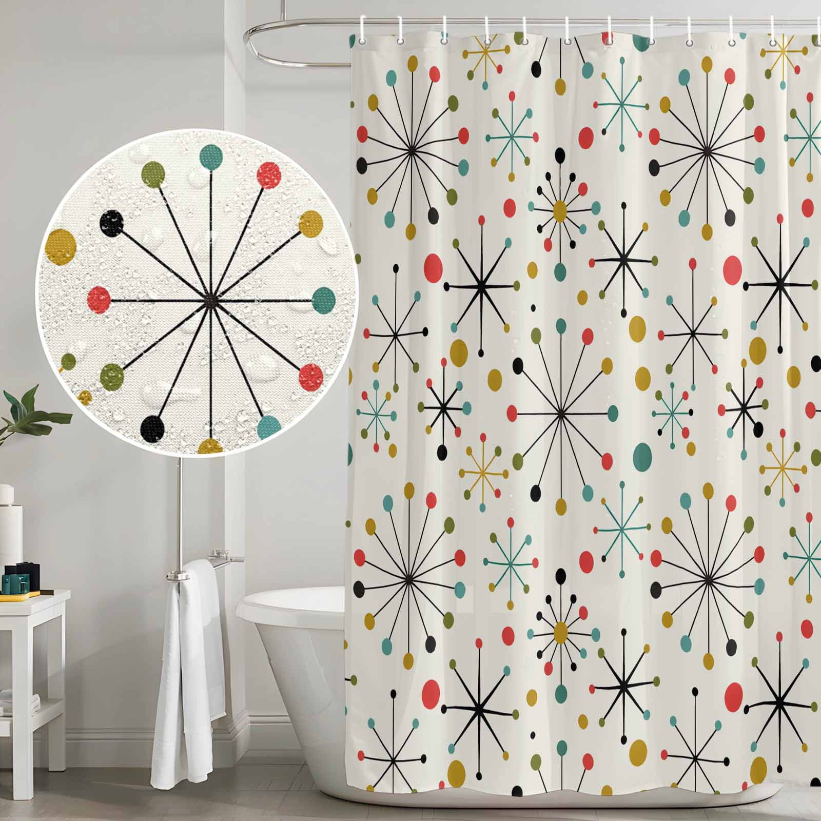 Shower Curtain Bathroom Set Mid Century Abstract Geometric Waterproof Fabric Shower Curtains with Grommets&Hooks, Modern Colorful Atomic Privacy Bath Curtain for Bathtub 72x84in