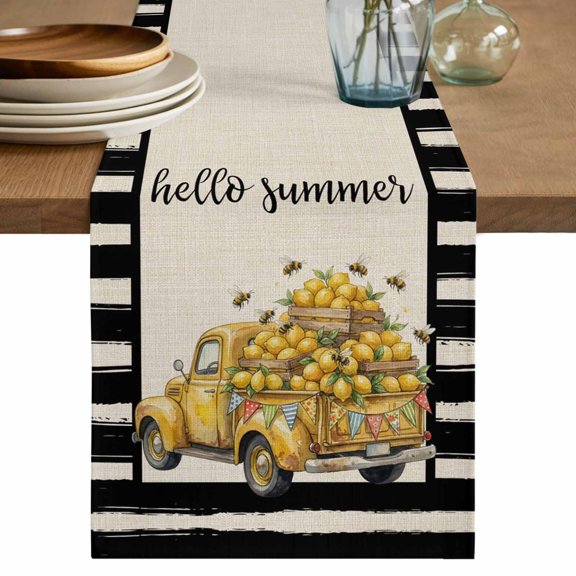 Summer Lemons Table Runner 72 Inches, Vintage Country Truck Bees Black Striped Bed Runner Dresser Scarves Tabletop for Indoor Outdoor Parties/Ceremony/Banquet, 18" x 72"
