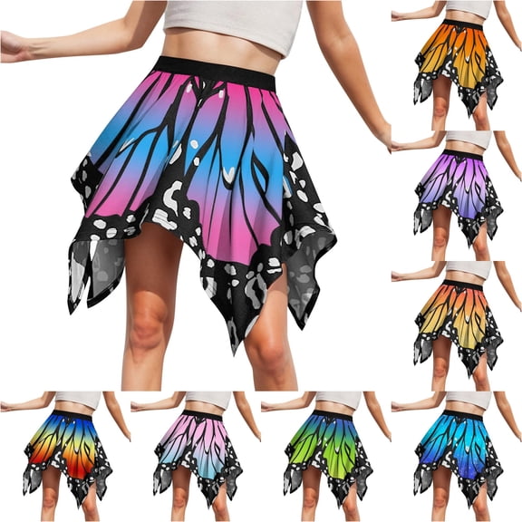 XIAONU Women's Summer Butterfly Print Skirt High Waisted Handkerchief Hem Casual Mini Skirts
