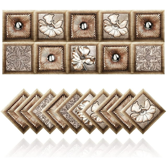 Pegatinas de azulejos retro Baño Cocina Azulejo Adhesivo Pegatinas de pared DIY PVC a prueba de aceite Decoración autoadhesiva Estilo marroquí Flores marrones (10.30x30cm) JAMW Sencillez