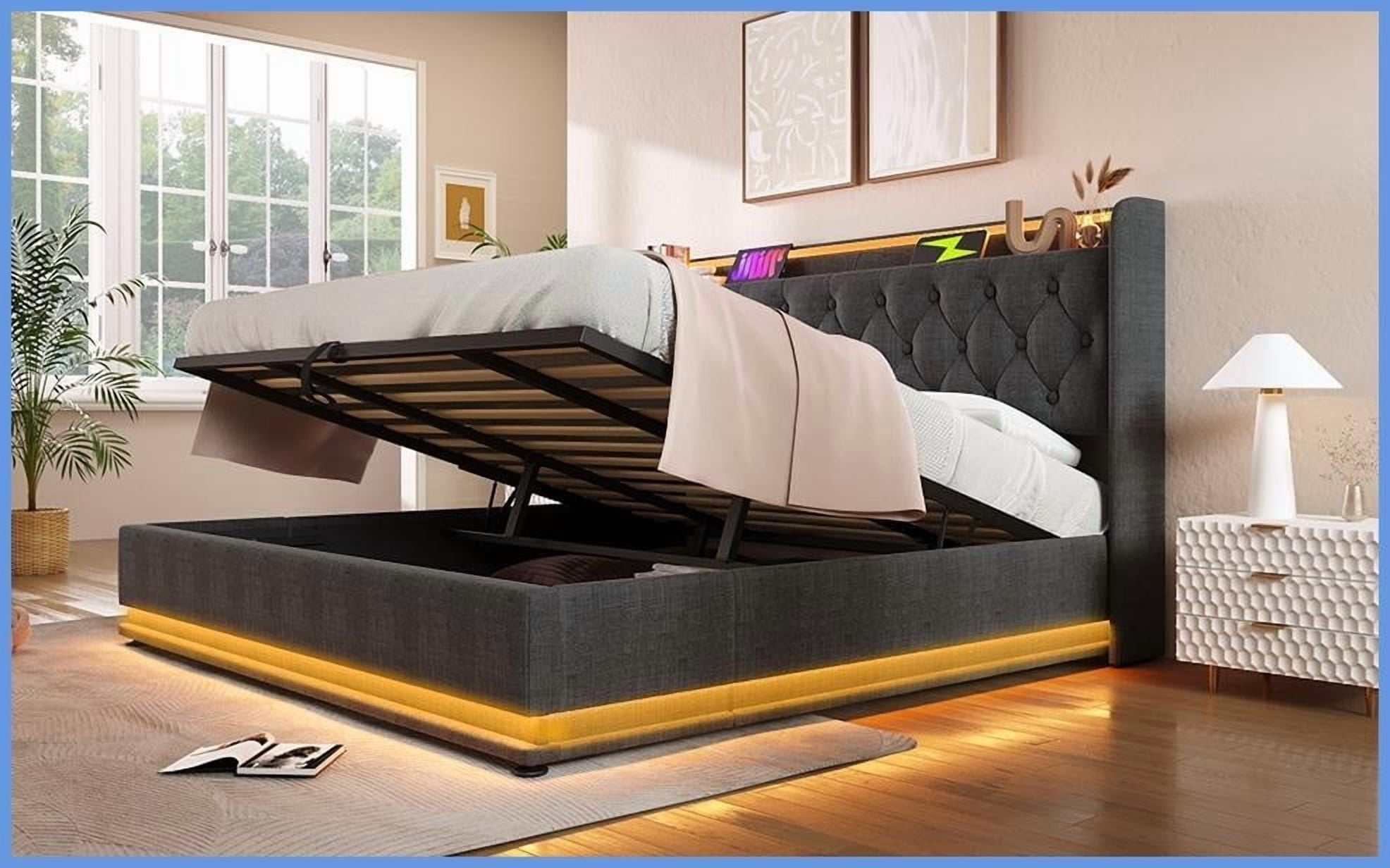 King Size Linen Upholstered Hydraulic Storage Bed Frame with 360 LED & USB-C, Gray, No Box Spring Needed for Master Bedroom