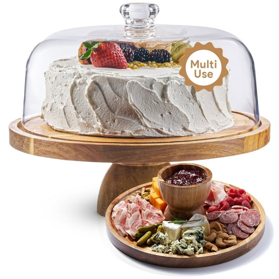 Homesphere Acacia Wood Cake Stand with Lid - 12 In Round Cake Holder, 2-in-1 Dessert Plate & Wooden Charcuterie Board for Cheese, Meat, Chips & Dips, Fruit Platter Tray, Large Acrylic Dome Cover