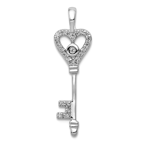 14k White Gold Diamond Love Heart Key Pendant Necklace 23x6mm Wide Pendant for Women - .10 dwt