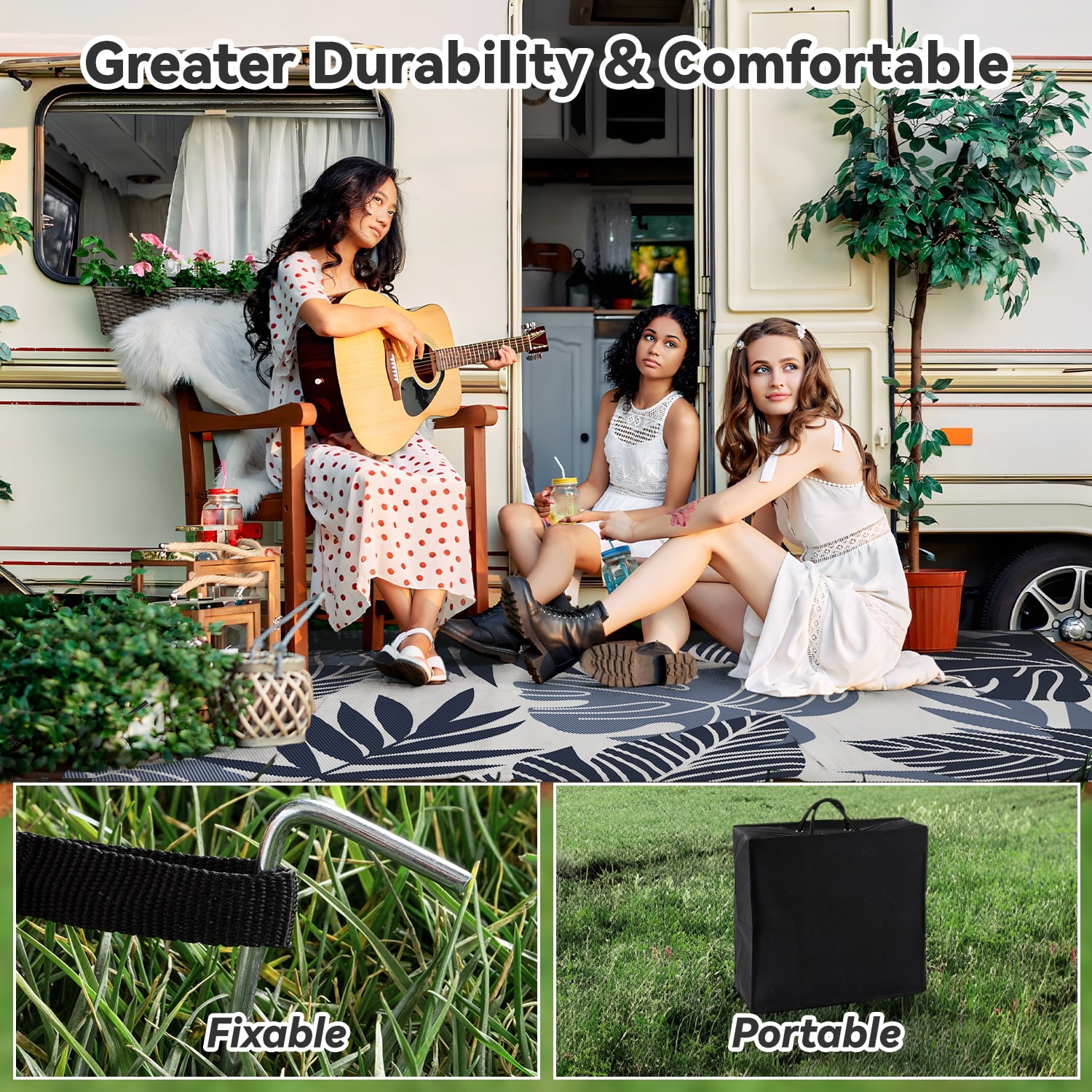 VUNATE Outdoor Rug Carpet 6'x9' Waterproof Reversible Patio Rug Portable Indoor Outdoor Rug Plastic Straw Rug for Beach RV Camping Garden Picnic Deck Backyard Tropical Porch Decor Beige and Blue