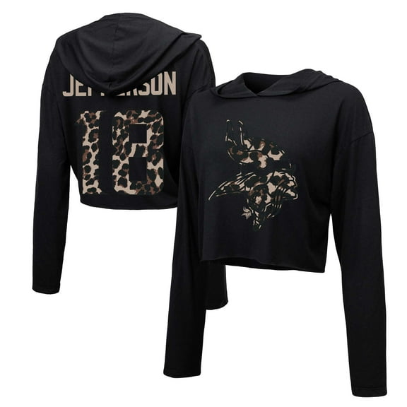 Women's Majestic Threads Justin Jefferson Black Minnesota Vikings Leopard Player Name & Number Long Sleeve Cropped