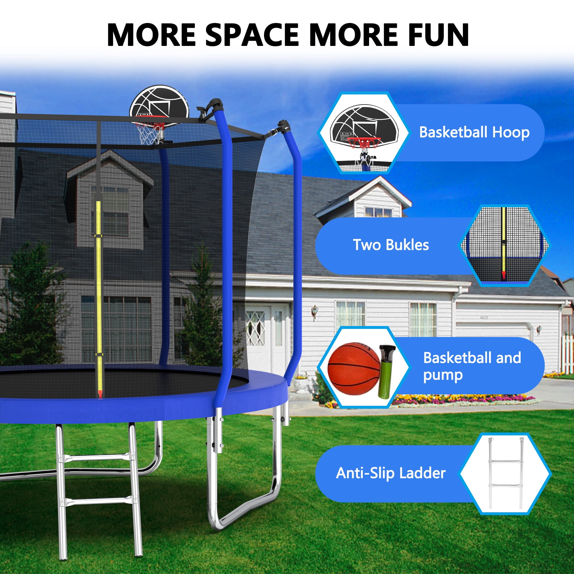 10FT Trampoline with Basketball Hoop, Reinforced Outdoor Trampoline with Safety Enclosure Net, Ladder & Basketball