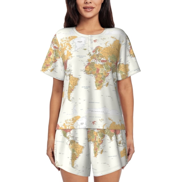 Balery World Map 1 Conjunto de Pijama para Mujer con Estampado, Dos Piezas de Manga Corta y Shorts, Ropa de Dormir Suave con Cuello Redondo y Bolsillos-Large