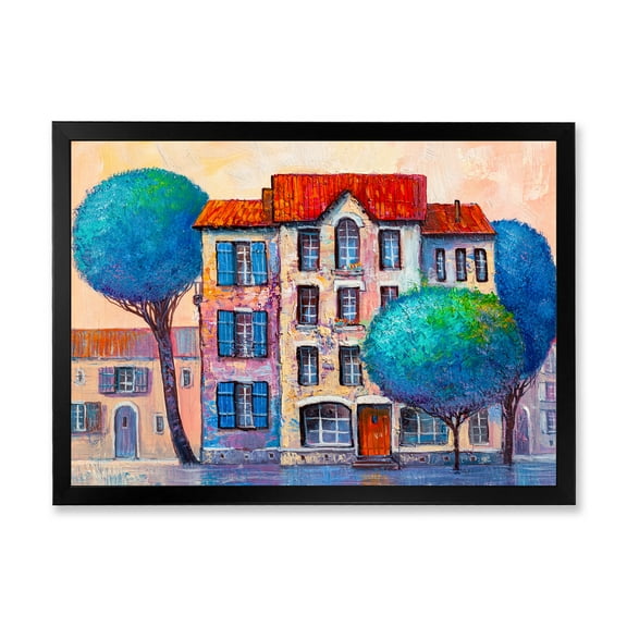 Designart 'Colorful Autumn Trees and A House With Red Roof' Modern Framed Art Print