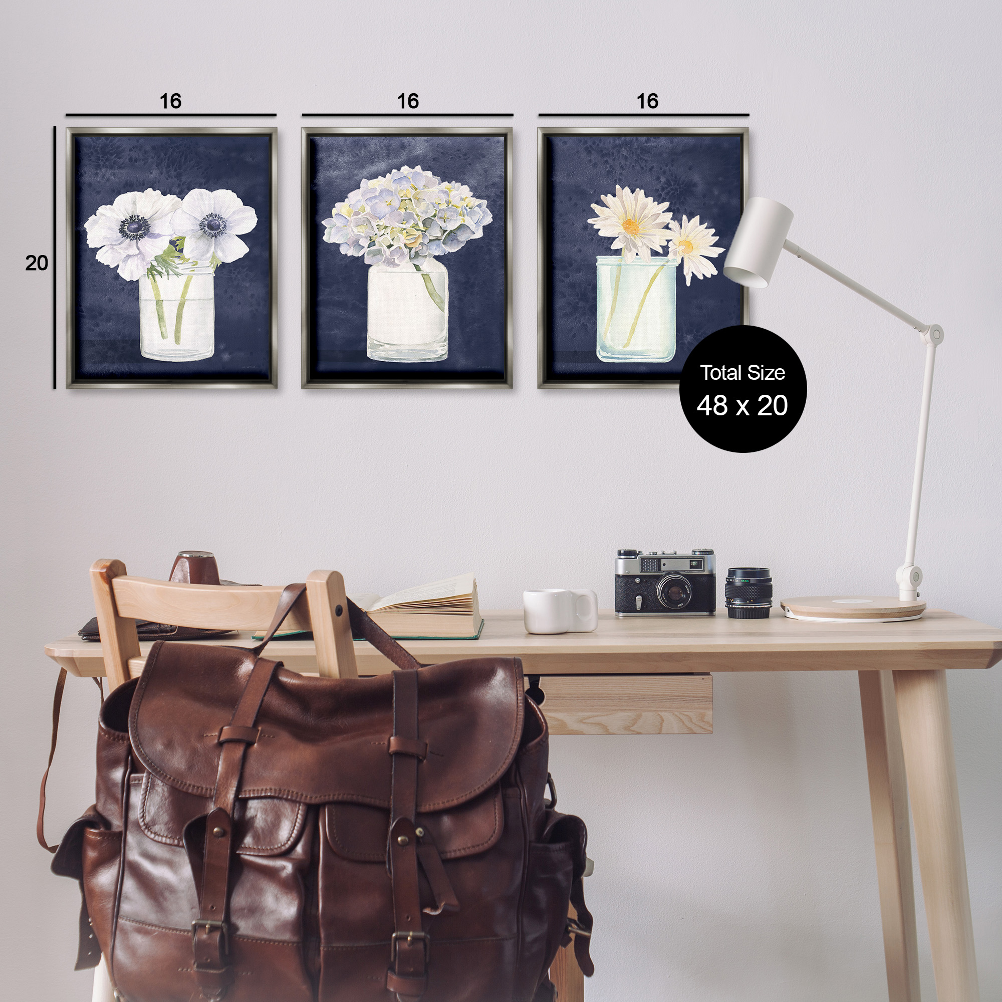 Stupell Industries Navy Blue Flower Bouquets Botanical & Floral Painting Gray Floater Framed Canvas Art Print Wall Art, 17 x 21, Set of 3