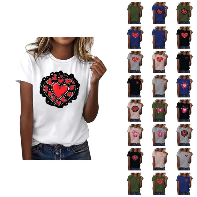 T-shirts de la Saint-Valentin pour Femmes 2026 Mode Manches Courtes Col Rond Cœur Graphique