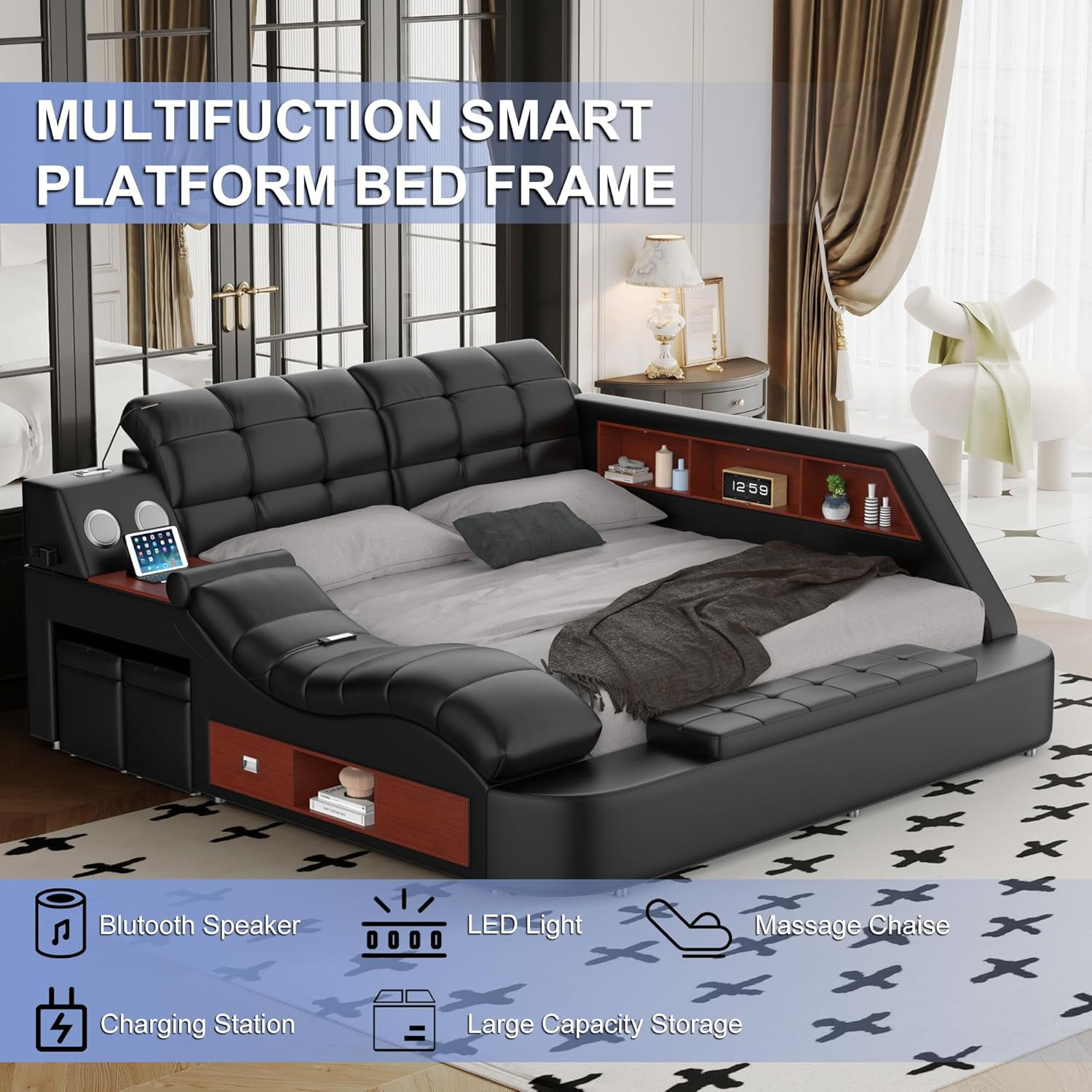 Multifunction Smart King Bed Frame, Upholstered Platform with Massage Recliner, Storage Drawers, Bluetooth Speaker, USB Charging Port, Adjustable Headboard