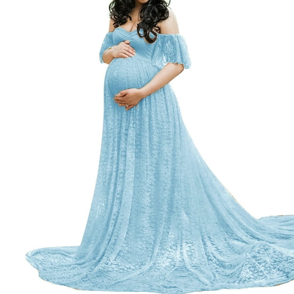 Womens Lace Off Shoulder Maternity Dress Lace Fancy Pregnancy Gown for Baby Shower Photo Shoot