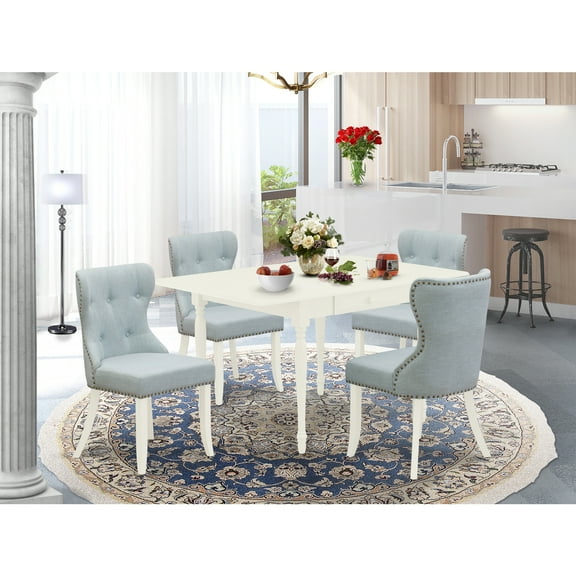 Coastal Dining Table Set - 4 Linen Fabric Chairs - Drop Leaf Kitchen Table - Blue & White