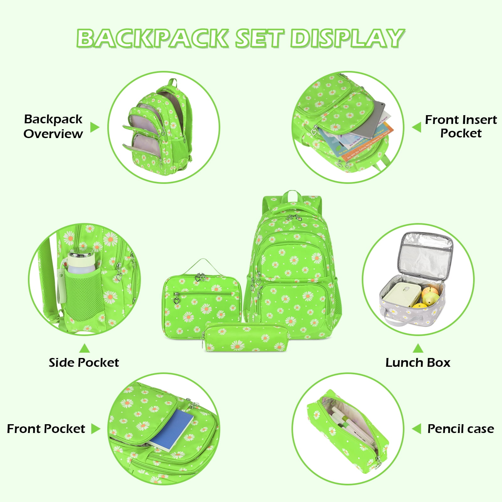 Forestfish Teen Backpack Set with Insulated Lunch Bag & Pencil Case, Water-Resistant Nylon School Bag（Daisy A/Fluorescent Green）