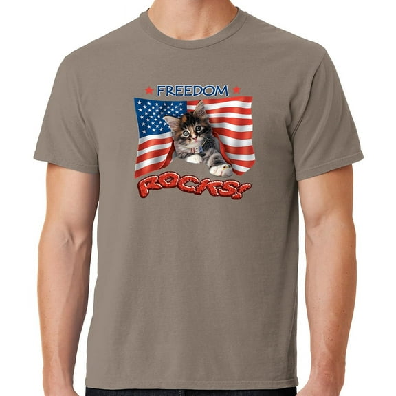 Mens Freedom Rocks Patriotic Kitten Cotton Tee Shirt, Small Taupe Brown