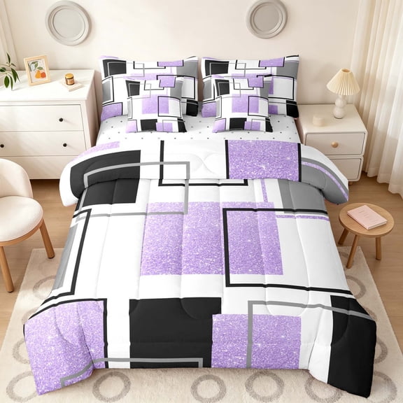 Manfei Glitter Purple Square Twin Bedding,Contemporary Simple Art Bedding Comforter Set, Reversible 7pcs
