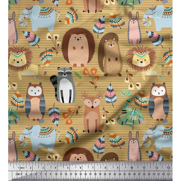 Soimoi Brown Poly Georgette Fabric Stripe & Animals Tribal Print Fabric by the Yard 42 Inch Wide
