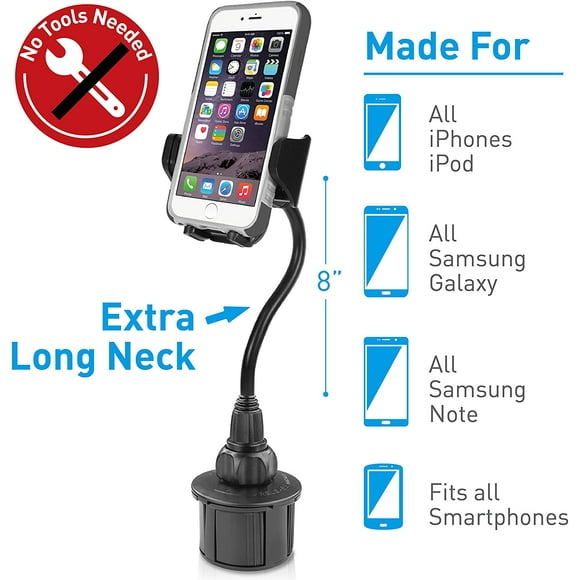 Macally Car Cup Holder Phone Mount with a Flexible Extra Long 8" Neck for iPhone 7/7 Plus / 6/6+, Samsung, etc.
