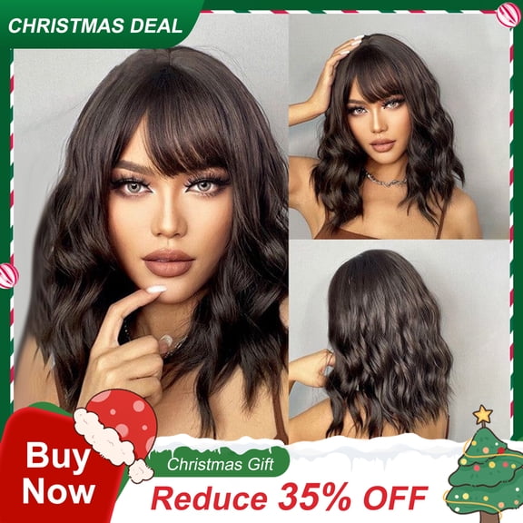 Dopi 14" Black Short Bob Wig for Women Synthetic Curly Wigs with Bangs Wefted Wig Caps