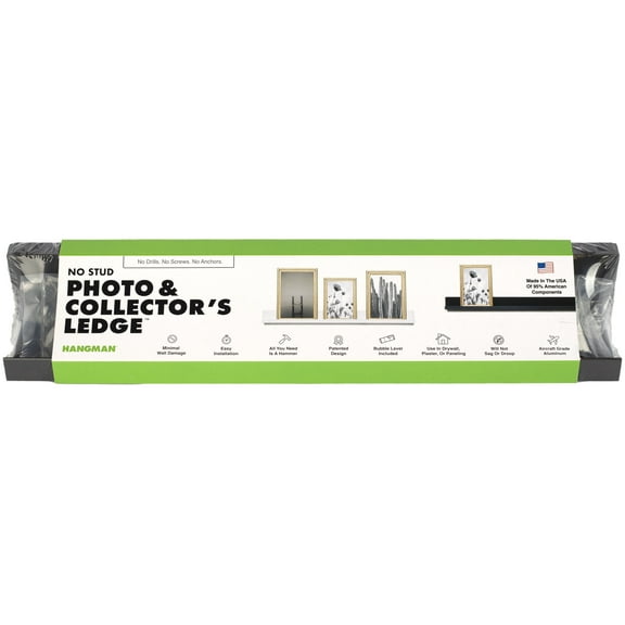 Hangman No Stud Photo & Collector's Ledge Floating Shelf - 12" - Black - Aluminum - Level and Hardware Included - No Drills or Anchors Needed