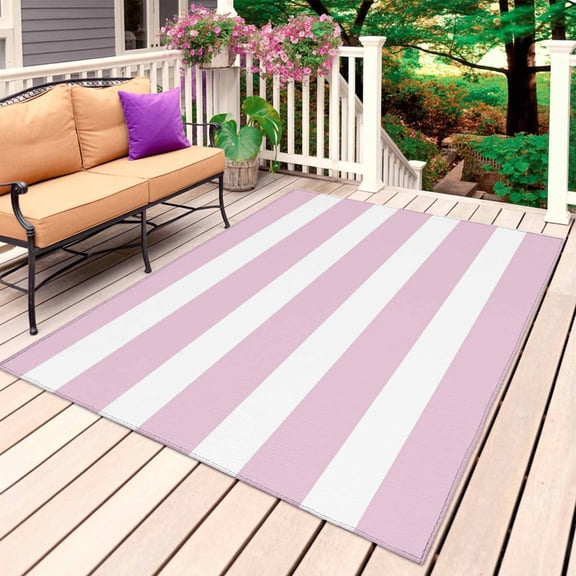 Pink Stripe Outdoor Rug for Patio/Deck/Porch, Non-Slip Large Area Rug 4 x 6 Ft, Modern Simple Geometric White Striped Indoor Outdoor Rugs Washable Area Rugs, Reversible Camping Rug Carpet Runner