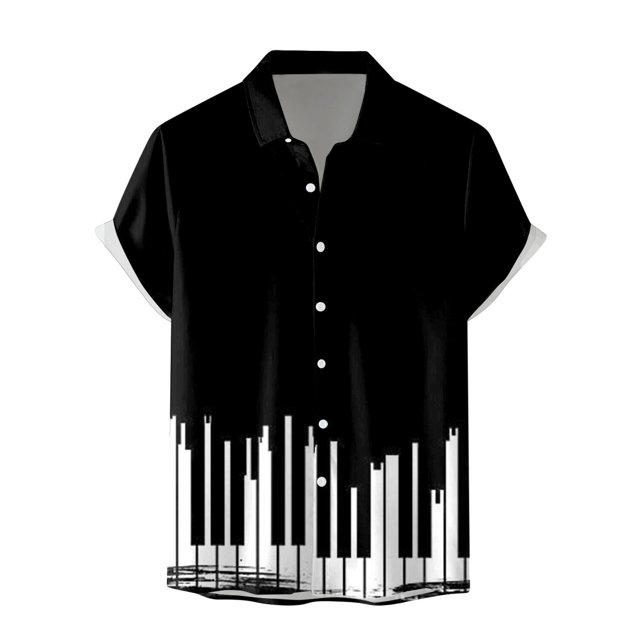 Camisa Hombre Camisa de manga corta con solapa y hebilla de bolsillo con impresión digital 3D para hombre (Black, XL)