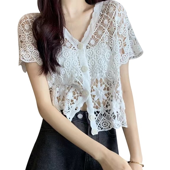 Women Short Sleeve Shrugs Lace Cardigan Button Down Crochet Shrug Casual Lightweight Vintage Jackets Streetwear