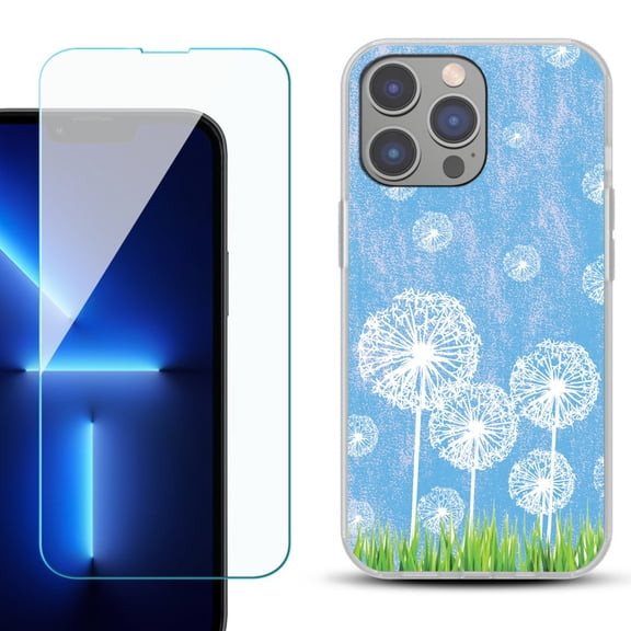 Slim-Fit Gel TPU Phone Case for iPhone 14 Pro Max, with Tempered Glass Screen Protector, by OneToughShield ® - Dandelion Sky