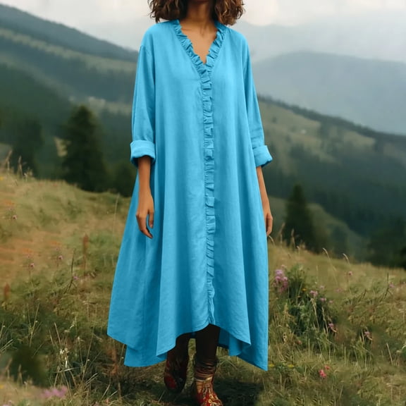 Women's Linen Boho Summer Maxi A-Line Dress V-Neck Long Sleeve Ruffle Trim Tiered Hem Flowy Beach Dress Elegant Loose Fit High-Low Caftan Dress Vacation Sun Dress
