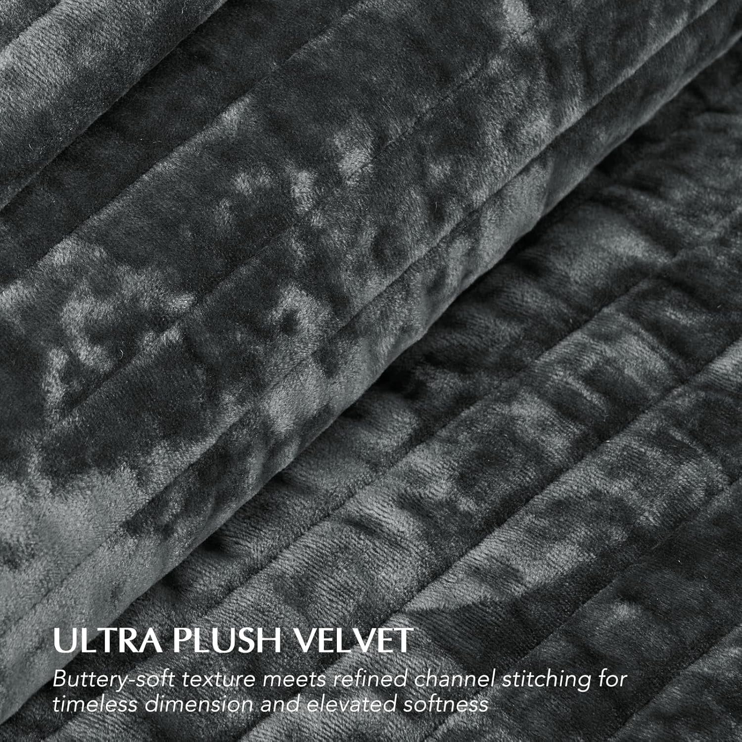 EVERGRACE Velvet Quilt Set King Size, Luxurious Soft Striped Channel Bedding Set, Lightweight Velvet Comforter for All Season, Oversized Bedspread Coverlet with 2 Matching Shams, Charcoal Gray